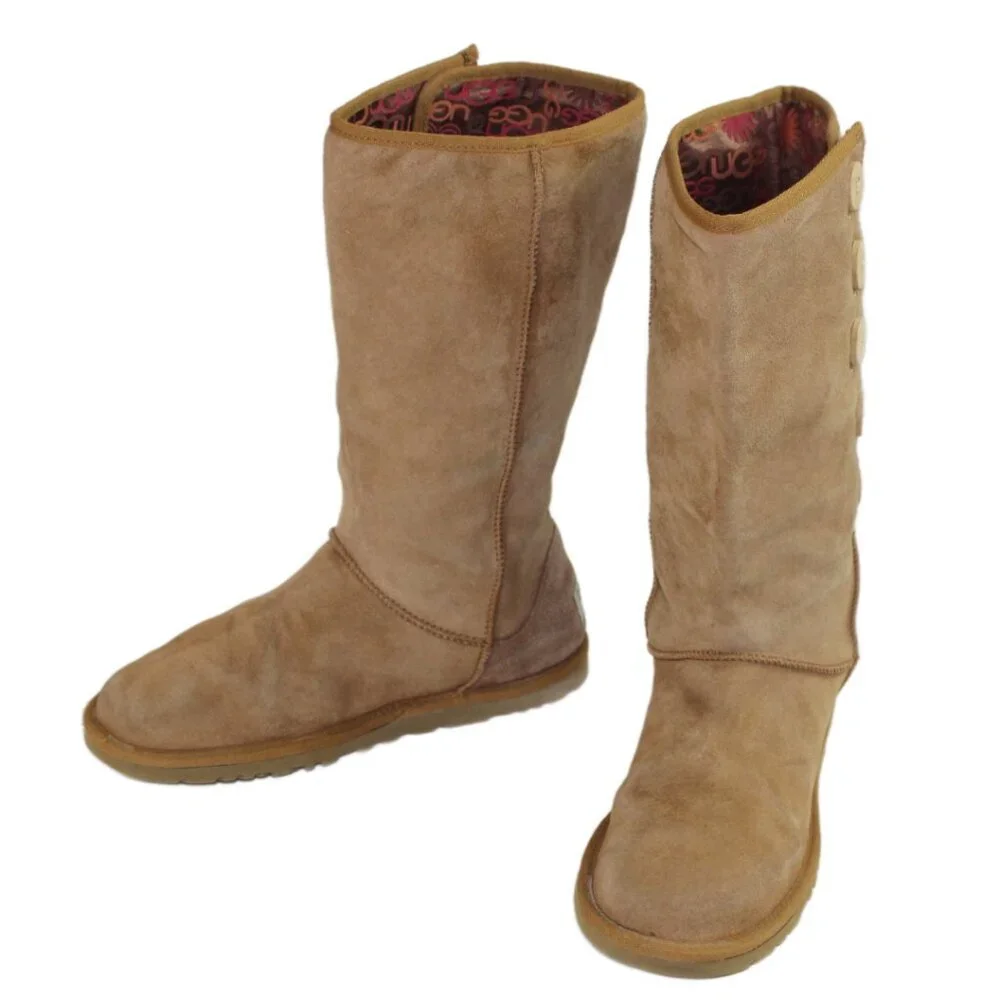UGG Lo Pro Button Tan Signature Leather Mid-Calf Boots Size 6